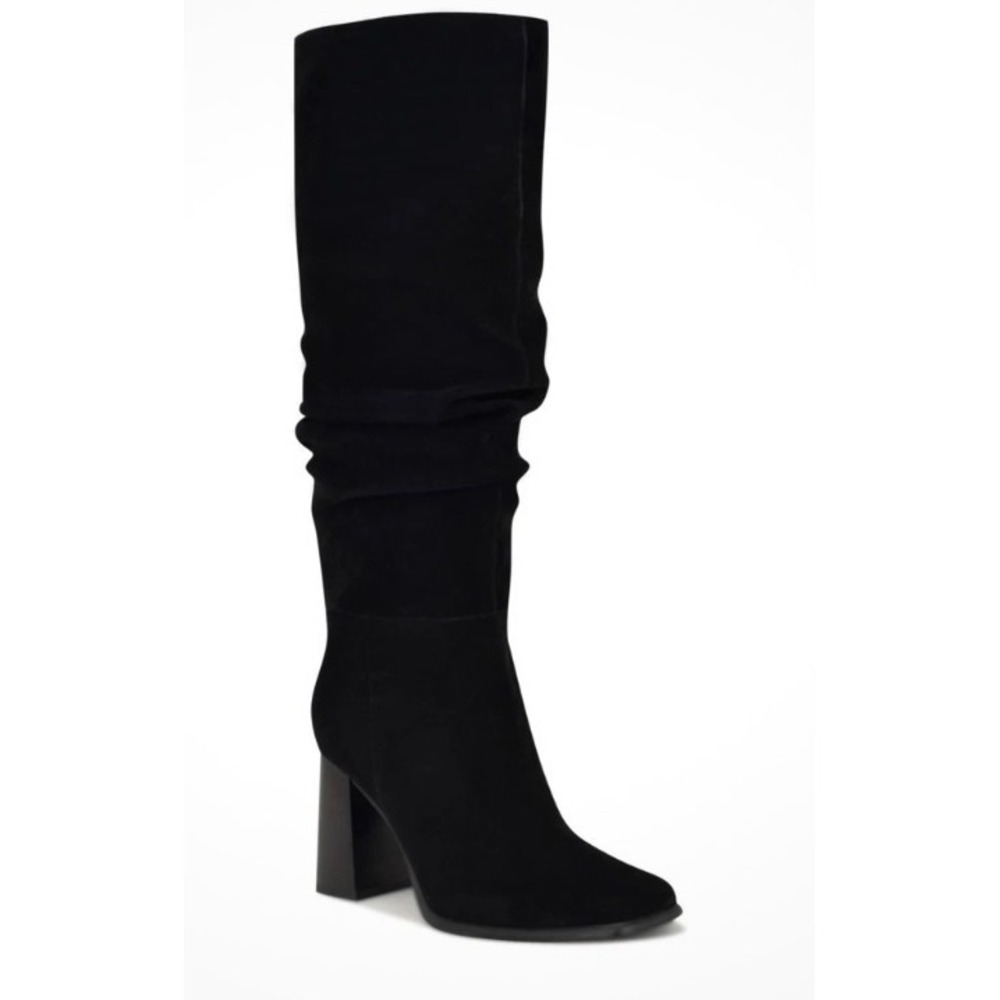 Nine West‎ Domaey Black Suede Slouchy Square Toe Block Heel Boots Womens 9M